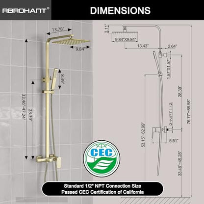 RBROHANT Brushed Gold Exposed Shower System with Tub Spout, Exposed Shower Fixtures for Bathroom with Brass 3-Functional Valve, Shower Height Adjustable, Wall Mounted - color: Brushed Gold
