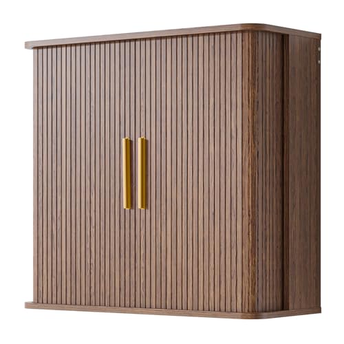 Furnaza 29.5" W Laundry Room Wall Mounted Cabinets with Fluted Sliding Door | Walnut Upper Bathroom Medicine Storage Cabinet with Adjustable Shelf for Kitchen,Garage,11.7" D x 27.7" H - color: Walnut, size: 29.5" W