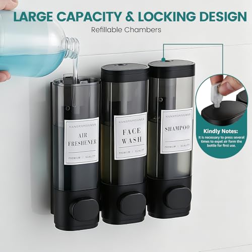 Wall-Mounted Shower Soap Dispenser 3 Chamber, No Drill Shower Dispenser | Shampoo and Conditioner Dispenser for Bathroom Hotel Large Capacity,Black - color: 3black