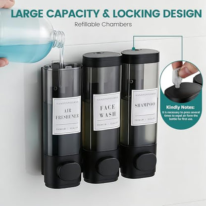 Wall-Mounted Shower Soap Dispenser 3 Chamber, No Drill Shower Dispenser | Shampoo and Conditioner Dispenser for Bathroom Hotel Large Capacity,Black - color: 3black
