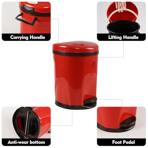 Cand 10 L Step Pedal Round Trash Can, Plastic Garbage Can with Lid, Red | For Office Bedroom Bathroom - color: Red(Step)
