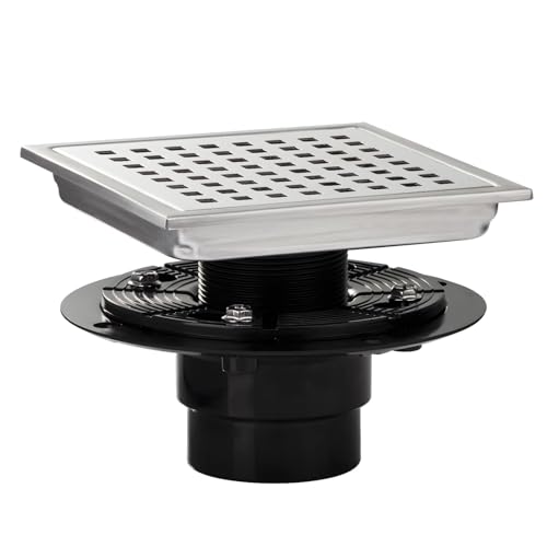 Square Shower Drain Silver Brushed 6 in with Removable Grid Panel | AISI 304 Stainless Steel Shower Floor Drain with Detachable Hair Catcher Flange Lifting Hook Fits Bathroom Balcony Kitchen - color: Stainless Steel, size: 6 inch+Base