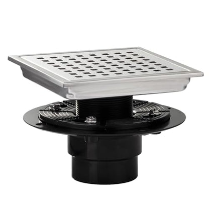 Square Shower Drain Silver Brushed 6 in with Removable Grid Panel | AISI 304 Stainless Steel Shower Floor Drain with Detachable Hair Catcher Flange Lifting Hook Fits Bathroom Balcony Kitchen - color: Stainless Steel, size: 6 inch+Base