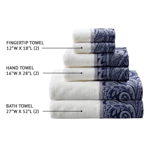 Madison Park Aubrey Cotton Bath Towel Set Jacquard Absorbent, 6 Piece, Navy | Quick Dry, Plush Feel, Hotel Quality for Bathroom, Paisley Pattern, OEKO-TEX Certified - color: Navy