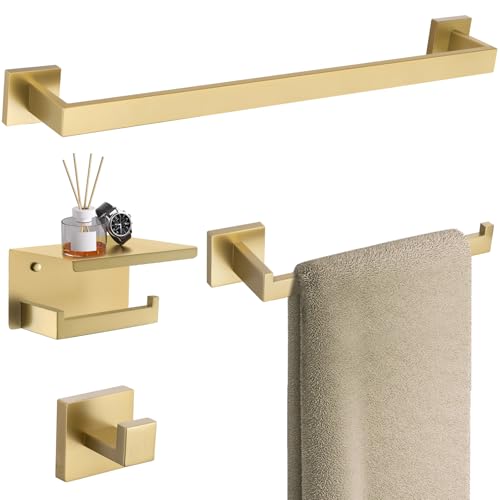 TURS Brushed Gold Bathroom Hardware Set 4-Piece Bath Towel Bar Set 24 Inch Stainless Steel Towel Holder Set for Bathroom Wall Mounted - color: Brushed Gold, size: Set A