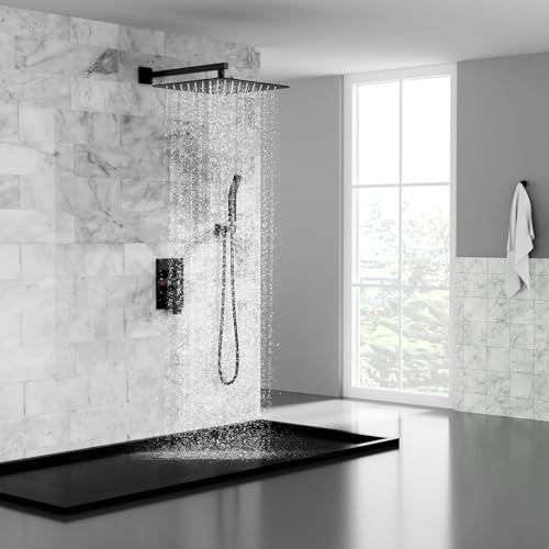 SR SUN RISE Matte Black Square Rainfall Shower Head and Handle Set, Wall Mounted Shower Fixtures, Metal Shower Faucet Trim Repair Kits (With Shower Valve) 16 Inches - color: Matte Black, size: 16 Inch