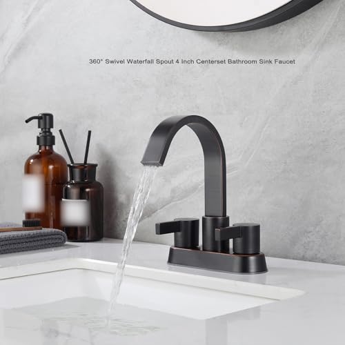 Oil Rubbed Bronze Bathroom Faucet 3 Hole, Senhozi 4 Inch Centerset Bathroom Faucet with Pop up Drain and 2 Supply Lines, Waterfall Bathroom Faucet Modern Faucet Bathroom, SE-0048-ORB - color: Oil Rubbed Bronze
