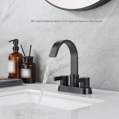 Oil Rubbed Bronze Bathroom Faucet 3 Hole, Senhozi 4 Inch Centerset Bathroom Faucet with Pop up Drain and 2 Supply Lines, Waterfall Bathroom Faucet Modern Faucet Bathroom, SE-0048-ORB - color: Oil Rubbed Bronze