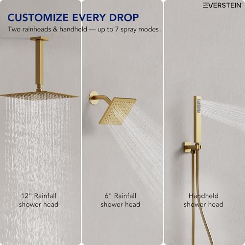 Ceiling Mount 12" High-Pressure Rainfall Shower Faucet, Dual Rainfall Shower Head System with Valve (Brushed Gold) - color: Gold, style: Ceiling Mount