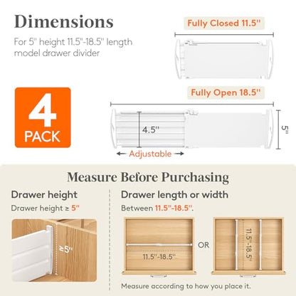 Lifewit 5" Tall Drawer Dividers, Adjustable Deep Drawer Organizer Clothes | 11.5"-18.5" Expandable Plastic Separators for Dresser, Kitchen, Cabinet, Nursery, Office, Socks & Underwear Storage, 4 Pack - size: 5"H, 11.5-18.5"L
