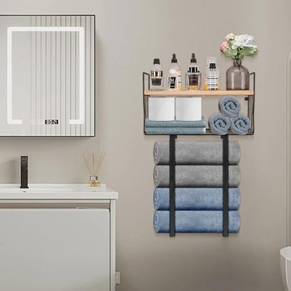 Livabber Towel Racks for Bathroom, Metal Towel Storage Holder for Roll Towels, Wall Mounted Towel Organizer with Storage Basket and Wooden Shelf for Small Spaces (Black)