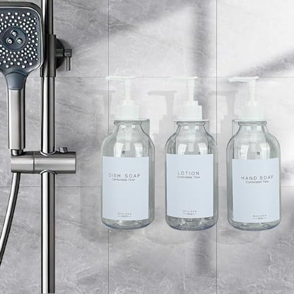 Shampoo and Conditioner Dispenser for Shower Wall 3 Chamber,Refillable Shampoo and Conditioner Bottles with Waterproof Labels,Soap Dispenser with Pumps - color: 3 Bottles 3 Wall Mounts-clear