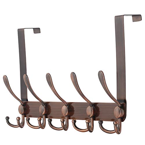 Dseap Over The Door Hook Hanger - Fits 1 3/8" to 1 3/4" Standard Doors | 5 Tri Hooks Heavy Duty Towel/Coat Rack | Door Organizer for Clothes, Jackets, Hats, Towels, Antique Copper - color: Copper