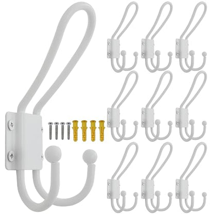 WEBI Coat Hooks Wall Mount,5 mm Thick,10 Large Triple Hooks,Heavy Duty Metal Backpack Wall Hooks for Hanging Clothes,Robe,Towel,Closet,Farmhouse,Mudroom,White - color: White