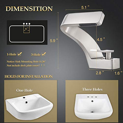 becola Bathroom Sink Waterfall Faucet,Solid Brass Single Handle Hot and Cold Water Mixer Tap, Lavatory Vanity Sink Faucet Including Two US Standard 3/8" Hoses(Brushed Nickel) - color: Brushed Nickel