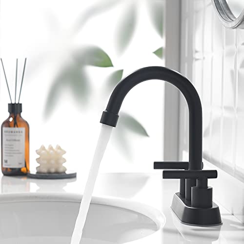 Black Bathroom Faucet, 2 Handle 4 Inch Centerset Sink Faucet with Drain | Yardmonet Matte Black Bathroom Sink Faucet, 2-Handle Stainless Steel Vanity Faucet With Pop-Up Drain And Supply Lines - color: Matte Black