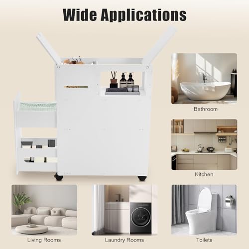 Narrow Bathroom Storage Cabinet with Wheels and Drawers, Slim Toilet Side Floor Cabinet, White Bathroom Organizer with Toilet Paper Holder for Small Spaces