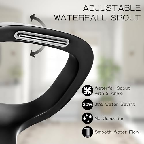 Black Bathroom Faucet 3 Hole, Modern Faucet for Bathroom Sink with Adjustable Spout, Solid Brass 8 Inch Widespread Waterfall Bathroom Faucets with Water Supply Hoses and 2 Gold Handles - color: Black Gold, style: Modern
