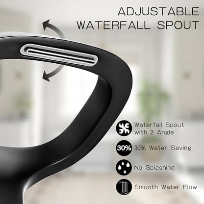Black Bathroom Faucet 3 Hole, Modern Faucet for Bathroom Sink with Adjustable Spout, Solid Brass 8 Inch Widespread Waterfall Bathroom Faucets with Water Supply Hoses and 2 Gold Handles - color: Black Gold, style: Modern