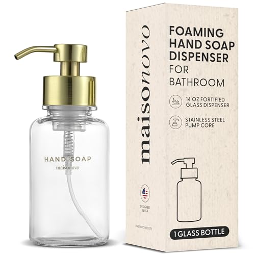 MaisoNovo Glass Foaming Hand Soap Dispenser 14 Oz | Gold Foaming Soap Dispenser Clear Bottle Gold Pump x 1 w/Labels