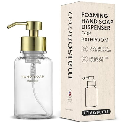 MaisoNovo Glass Foaming Hand Soap Dispenser 14 Oz | Gold Foaming Soap Dispenser Clear Bottle Gold Pump x 1 w/Labels