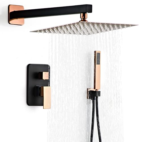 Shower Faucet Set, Matte Black and Rose Gold Rainfall Shower System Complete Wall Mounted for Bathroom with 12 Inch Square Shower Head and Handheld Shower Head Rain Mixer Combo Set - color: Matte Black+Rose Gold, style: 12 Inch