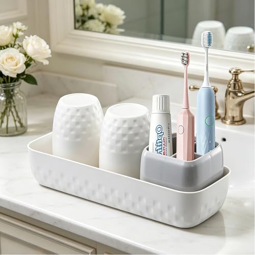 Toothbrush Holder with Cups, Electric Toothbrush and Toothpaste Organizer, Bathroom Accessories Set for Kids and Families, White & Grey - color: White & Grey