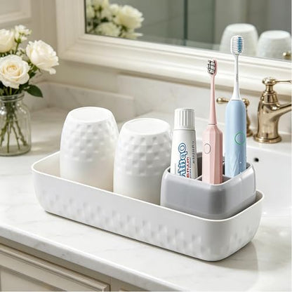 Toothbrush Holder with Cups, Electric Toothbrush and Toothpaste Organizer, Bathroom Accessories Set for Kids and Families, White & Grey - color: White & Grey