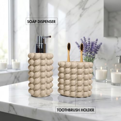 Better Trends 2-Piece Bathroom Accessory Set 400mL Refillable Soap Dispenser with Rustproof Pump 2-Slot Toothbrush for Vanity, Sink & Countertop Organization Sand Nova Collection - color: Sand