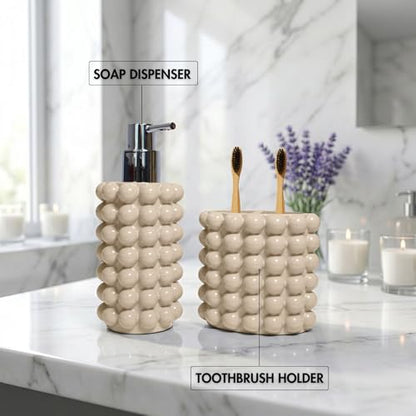 Better Trends 2-Piece Bathroom Accessory Set 400mL Refillable Soap Dispenser with Rustproof Pump 2-Slot Toothbrush for Vanity, Sink & Countertop Organization Sand Nova Collection - color: Sand
