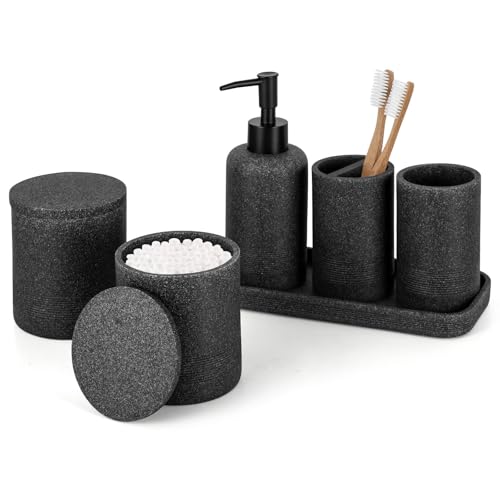 Black Stone Bathroom Accessories Set 6 Pieces - Toothbrush Holder, Lotion Dispenser, Qtip Container, Vanity Tray, Tumbler - Countertop Organizer for Bathrooms - Elegant and Functional Décor Set - color: Black Stone, size: 6pcs