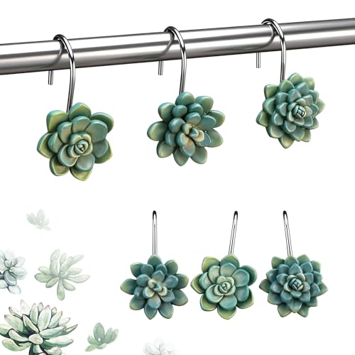 12 Pcs Succulents Plants Decorative Cute Shower Curtain Hooks Mini Succulents Green Shower Curtain Rings Bulk Hanger Stainless Steel Resin Plant Theme Hooks for Bathroom Bedroom Home Decor - style: Succulents Plant