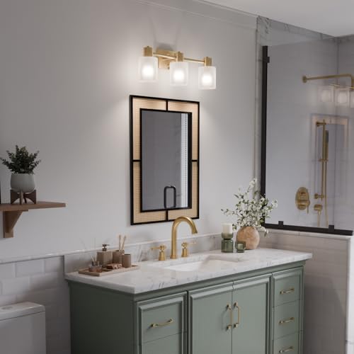 Globe Electric 3-Light Vanity Light, Matte Brass, Frosted Ribbed Glass Shades - color: Matte Brass, Frosted Ribbed Glass