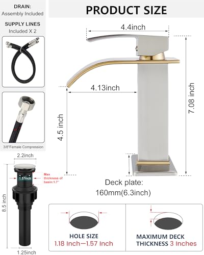 Midanya Waterfall Bathroom Faucet 1 Hole,Brushed Gold Spout/Brushed Nickel | with 24” Hoses,Pop Up Drain,6” Deck Plate,for 1 or 3 Hole Vanity,Lavatory,RV,Single Handle Bathroom Sink Faucet,NSF Certified - color: Gold Spout/Nickel