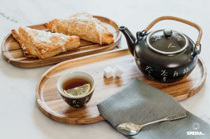 Acacia Wooden Serving Trays Set of 2 - Rectangular Oval Shaped Wood Plates for Charcuterie Cheese Bread Fruit Vegetable Dip Sushi - Rustic Serving Platter Shallow Dishes -14x7 & 11x5.5 In.