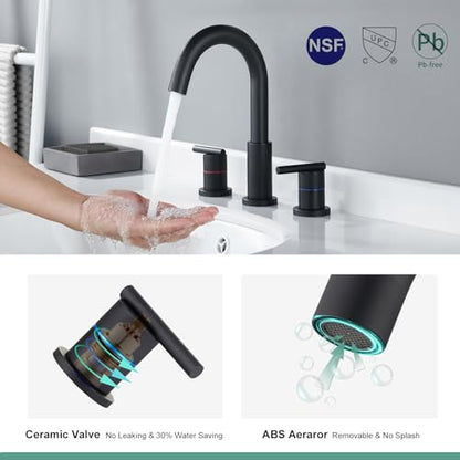 Faustina Black Bathroom Faucets,8 Inch Widespread Bathroom Faucet for Sink 3 Hole,Bathroom Faucet with Pop Up Drain,cUPC Water Supply Line,2-Handles Stainless Steel Vessel Sink Faucet Basin Mixer Tap - color: Black, style: Modern Widespread