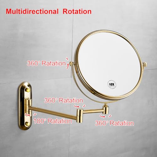 Gold 8 Inch Oval Base Bathroom Wall Mount Mirror 360 Degree Swivel | AIREMOEN 1x10x Magnifying, Double Sided, Adjustable Extension Arm Makeup Mirror Beauty Mirror Shaving Mirror