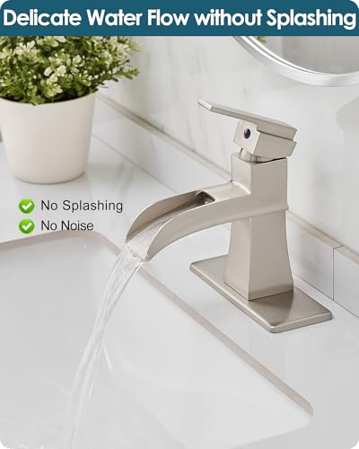 Single Hole Bathroom Faucet 3 Hole (4 Inch), Brass Waterfall Faucet Single Handle, Bathroom Faucets Brushed Nickel Bathroom Sink Faucet with Deck Plate & Pre-Install Hoses Without Pop-up Drain - color: Brushed Nickel - Classic