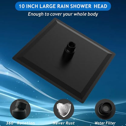 Voolan All Metal Shower Head with Extension Arm, Stainless Steel Waterfall Rainfall Showerheads, High Flow Bathroom Square Rain Shower Head (10’’ Shower Head with 16’’ Shower Arm, Black) - color: Matte Black, size: 10’’ Shower Head with 16’’ Shower Arm