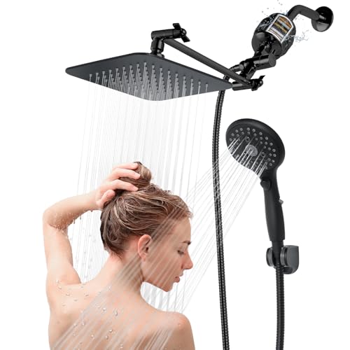8'' Dual 20 Stage Filtered Shower Head with Handheld, 6 Spray Settings Handheld Shower Head High Pressure Rainfall Filter Combo with 12'' Adjustable Extension Arm, 71'' Shower Hose (Matte Black) - color: Matte Black, size: 8 Inch