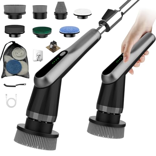 WKY-Electric Spin Scrubber - Upgraded 10-in-1 IPX7 Waterproof Shower Scrubber, Retractable Handle & 2-Speed for Toilet, Bathroom, Bathtub, Tile Floors - color: Black