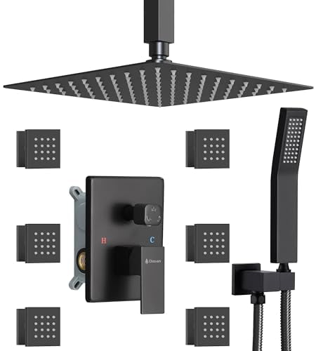 DASAN Full Body Shower System with 6 PCS Body Spray Jets & 12'' Rain Shower Head & Handheld, Ceiling Mount Rain Shower System Matte Black Shower Faucets Sets Complete with Valve, SA-SS03AMB-S12C2 - color: Black
