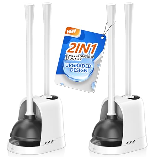Toilet Plunger and Brush, 2 Pack Bowl Brush and Heavy Duty Toilet Plunger Set with Ventilated Holder, 2-in-1 Toilet Brush and Plunger Combo for 5.3-inch Toilet Drain Bathroom Cleaning - color: White