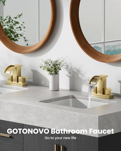 gotonovo Waterfall 4’’ Centerset Bathroom Sink Faucet Brushed Gold | 2 Handle Bathroom Faucet,SUS304,2 or 3 Hole,2.17’’ Wide Spout,24’’ cUPC Water Line,Pop Up Drain,Vanity,RV,Lavatory Modern Tap - color: Gold