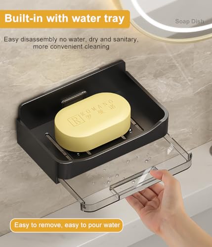 2 Pack Shower Soap Holder, Wall Mounted Soap Box Container, Bar Soap Holder with Drain for Shower, Bathroom, Kitchen(Black) - color: Black