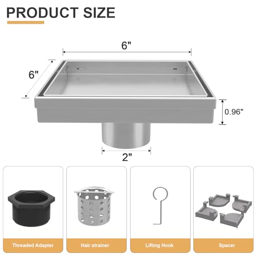 Square Shower Drain - 6 Inch Brushed Nickel, with Tile Insert Grate | AISI 304 Stainless Steel Shower Drain ,with Hair Catcher, Shower Floor Drain Fits Bathroom, Balcony - color: Brushed Nickel, size: 6 Inch
