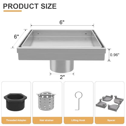 Square Shower Drain - 6 Inch Brushed Nickel, with Tile Insert Grate | AISI 304 Stainless Steel Shower Drain ,with Hair Catcher, Shower Floor Drain Fits Bathroom, Balcony - color: Brushed Nickel, size: 6 Inch