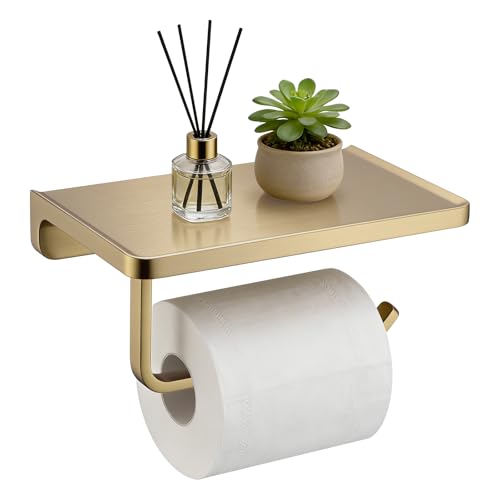 TRUSTMI Toilet Paper Holder with Shelf & Phone Stand, Brushed Gold | Solid zinc alloy holder holds 15 lbs and fits jumbo rolls. Shelf stores phones and wipes for easy bathroom organization. - color: Brushed Gold, size: 7.1" x 4.3"