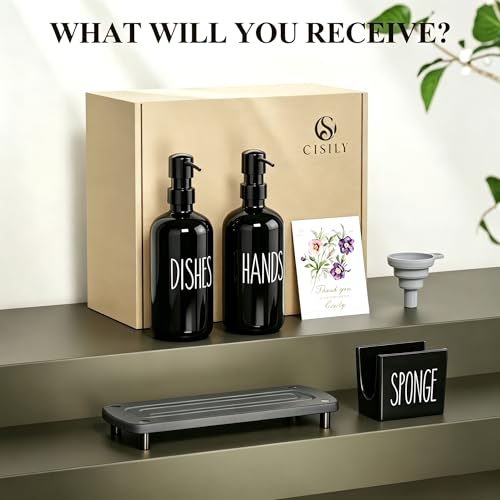 Cisily Black Soap Dispenser Set with Ceramics Sponge Holder, Kitchen Decor | Black Stainless Steel Pumps, Instant Dry Tray - color: Black Pump + Black Sponge Holder