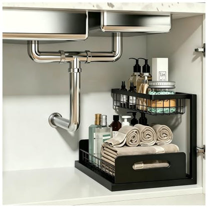 Upgraded Under Sink Organizer, 2 Tier Pull Out Kitchen Cabinet Organizer Metal Slide Out Bathroom Organizers and Storage Makeup Drawer Organizer for Office Bedroom Restroom Livingroom, 1 Pack